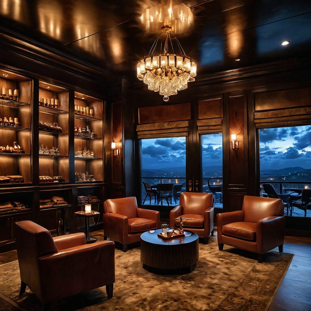 A luxurious cigar lounge, featuring rich wooden decor, softly lit candles, plush armchairs, and a carefully curated selection of premium cigars displayed elegantly. In the foreground, a swirling cloud of vapor rises from a sleek vaping device, capturing the essence of indulgence and relaxation. An inviting glass of whiskey sits nearby, enhancing the atmosphere of sophistication and passion. super-realistic. vibrant colors. warm lighting.