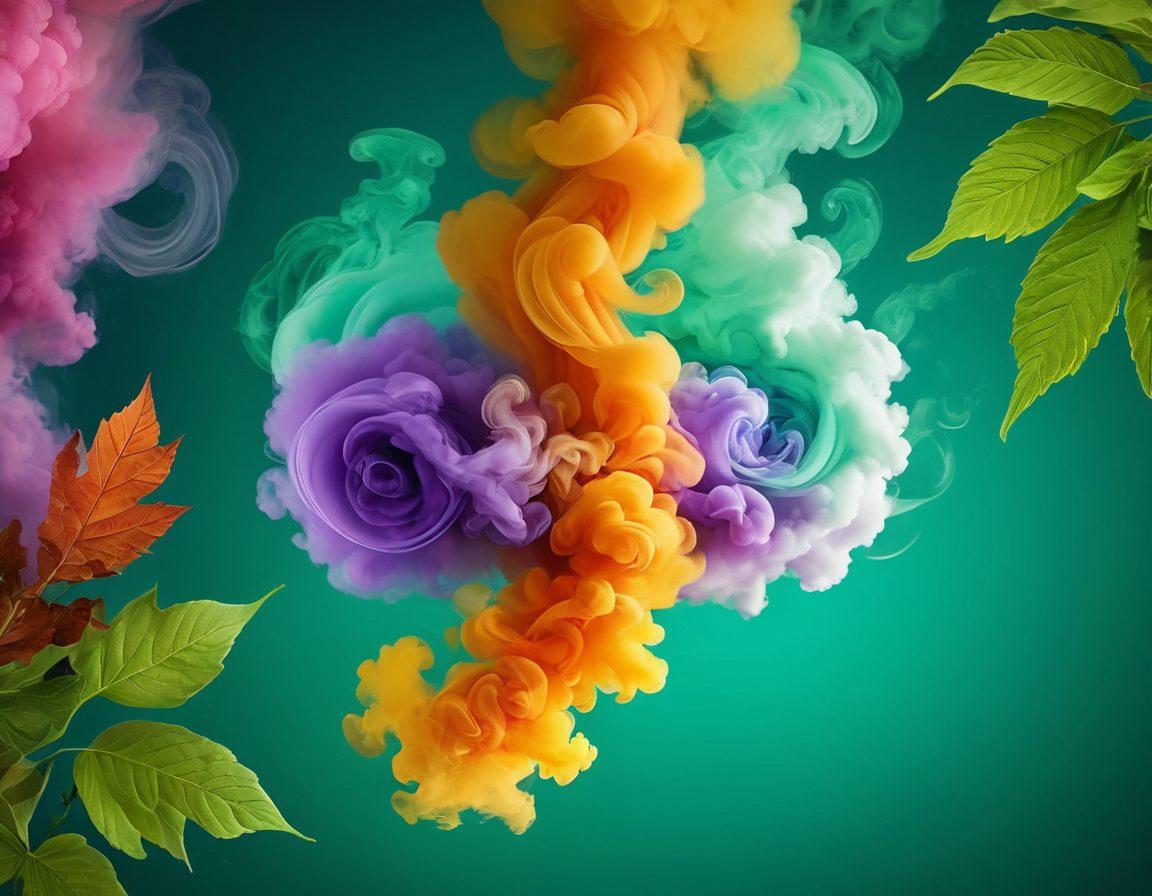 An artistic representation of swirling smoke rings transitioning into vibrant, colorful vapor clouds, symbolizing the evolution from traditional tobacco to modern vaping. The background features a blend of natural elements like green leaves and abstract wellness symbols, suggesting a balance between pleasure and health. Incorporate a subtle gradient that shifts from dark to light, reflecting the journey of transformation. surreal style. vibrant colors. dreamy ambiance.