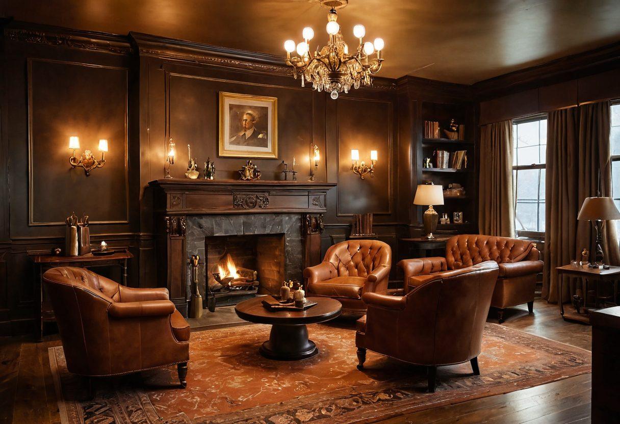 A luxurious smoking lounge featuring plush leather chairs, a glowing fireplace, and an elegant display of finely crafted cigars. Wisps of smoke elegantly intertwine in the air, creating a sense of warmth and intimacy. A sophisticated gentleman and lady indulging in their passion, surrounded by rich wooden accents and vintage decor. The light casts a warm golden hue, enhancing the allure of the moment. super-realistic. warm tones. vintage ambiance.